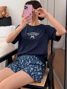 DAZY 字母圖案 T 恤與佩斯利印花短褲睡衣套裝 - 藏蓝色 - 查看 3