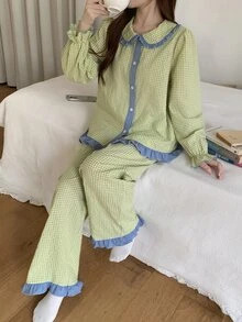 DAZY Set Piyama Atasan dan Celana Kerah Peter Pan dengan Trim Kontras untuk Musim Gugur - Krem - View 6