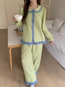 DAZY Set Piyama Atasan dan Celana Kerah Peter Pan dengan Trim Kontras untuk Musim Gugur - Krem - View 7