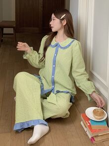 DAZY Set Piyama Atasan dan Celana Kerah Peter Pan dengan Trim Kontras untuk Musim Gugur - Krem - View 8
