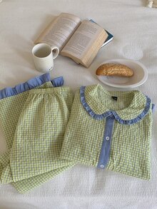 DAZY Set Piyama Atasan dan Celana Kerah Peter Pan dengan Trim Kontras untuk Musim Gugur - Krem - View 1