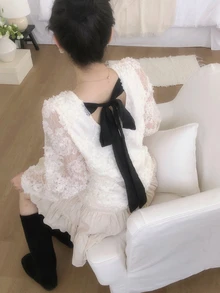 DAZY Women's Lace Contrast Color Long Sleeve Korean Style Mesh Blouse Fall - Beige - View 1