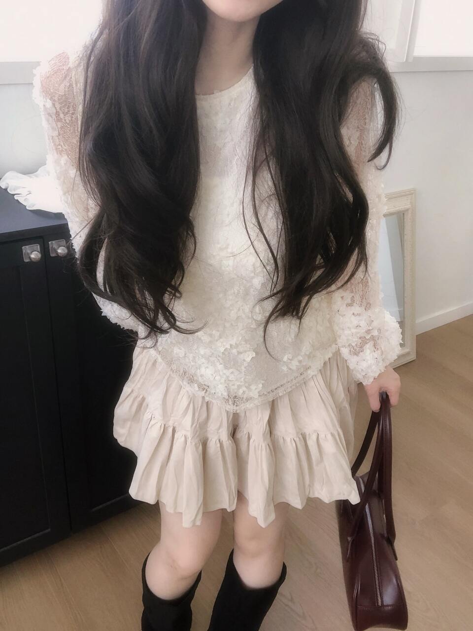 Women's Lace Contrast Color Long Sleeve Korean Style Mesh Blouse