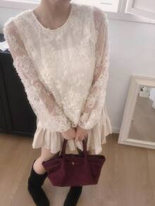 DAZY Women's Lace Contrast Color Long Sleeve Korean Style Mesh Blouse Fall - Beige - View 5