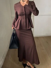 DAZY Setelan Santai Wanita untuk Liburan, Atasan Peplum Kancing Depan Polos & Rok Model Duyung - Coffee Brown - View 1