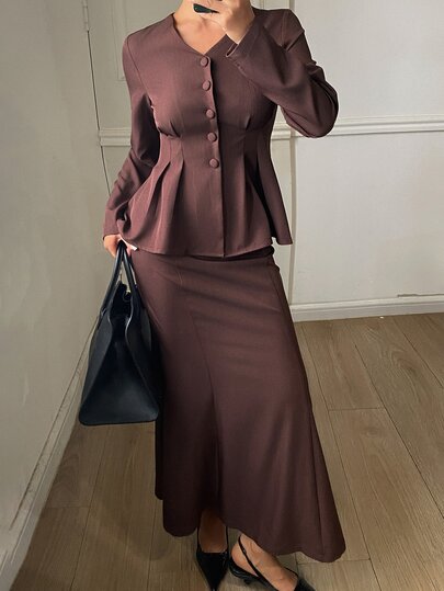 DAZY Solid Button Front Peplum Top & Mermaid Hem Skirt