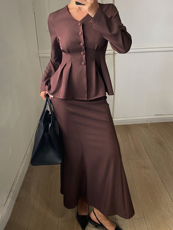 DAZY Setelan Santai Wanita: Atasan Peplum Kancing Depan Polos & Rok Model Duyung