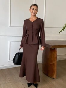 DAZY Setelan Santai Wanita untuk Liburan, Atasan Peplum Kancing Depan Polos & Rok Model Duyung - Coffee Brown - View 5