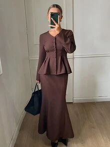 DAZY Setelan Santai Wanita untuk Liburan, Atasan Peplum Kancing Depan Polos & Rok Model Duyung - Coffee Brown - View 4