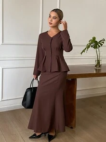 DAZY Setelan Santai Wanita untuk Liburan, Atasan Peplum Kancing Depan Polos & Rok Model Duyung - Coffee Brown - View 6