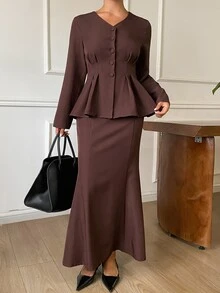 DAZY Setelan Santai Wanita untuk Liburan, Atasan Peplum Kancing Depan Polos & Rok Model Duyung - Coffee Brown - View 3