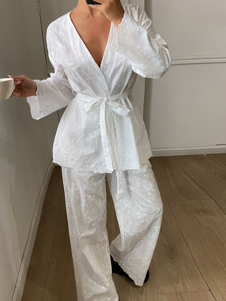 Solid Embroidery Detail Belted Robe & Pants PJ Set Fall