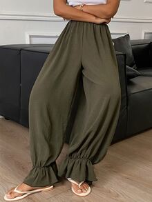 DAZY Solid Ruffle Hem Sleep Pants Fall - Green - View 5