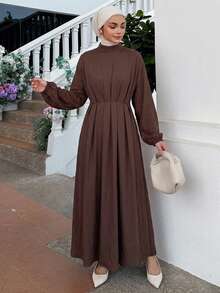 DAZY Women's Textured Pleated Long Sleeve Dress, Casual Modest Daily Wear Autumn Brunch Dark Brown - Coffee - View 6