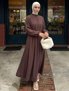 DAZY Women's Textured Pleated Long Sleeve Dress, Casual Modest Daily Wear Autumn Brunch Dark Brown - Coffee - View 4