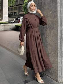 DAZY Women's Textured Pleated Long Sleeve Dress, Casual Modest Daily Wear Autumn Brunch Dark Brown - Coffee - View 10