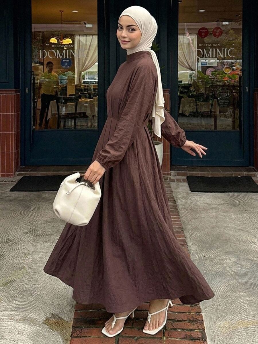 DAZY Women's Textured Pleated Long Sleeve Dress, Casual Modest Daily Wear Autumn Brunch Dark Brown - Coffee - View 1