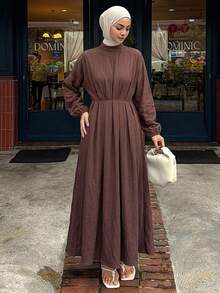 DAZY Women's Textured Pleated Long Sleeve Dress, Casual Modest Daily Wear Autumn Brunch Dark Brown - Coffee - View 3