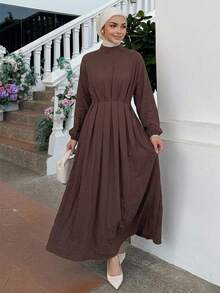 DAZY Women's Textured Pleated Long Sleeve Dress, Casual Modest Daily Wear Autumn Brunch Dark Brown - Coffee - View 9