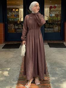 DAZY Women's Textured Pleated Long Sleeve Dress, Casual Modest Daily Wear Autumn Brunch Dark Brown - Coffee - View 8
