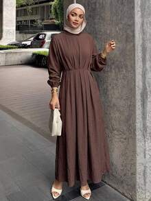DAZY Women's Textured Pleated Long Sleeve Dress, Casual Modest Daily Wear Autumn Brunch Dark Brown - Coffee - View 7