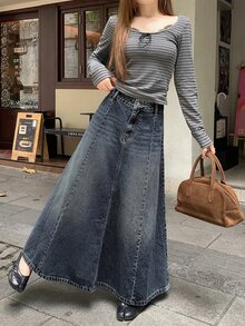 DAZY Rok Denim Panjang Kasual Wanita dengan Atasan Lucu - Putih - View 9