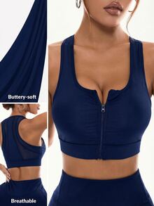 Powerista Women's Solid Color Scoop Neck Zipper Sports Bra Underwear, Summer - Blue - View 6