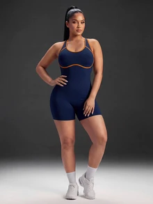 Powerista رومبير نسائي مقاس كبير بتصميم كتل لونية كاجوال للاستخدام اليومي والرياضة الخارجية بياقة هالتر - الأزرق - مشاهدة 2