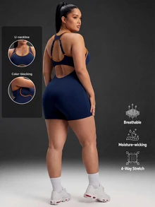 Powerista رومبير نسائي مقاس كبير بتصميم كتل لونية كاجوال للاستخدام اليومي والرياضة الخارجية بياقة هالتر - الأزرق - مشاهدة 5