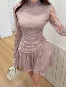 Feyla 女士刺绣网纱拼接垂褶优雅立领长袖迷你连衣裙 - 粉色 - 查看 3