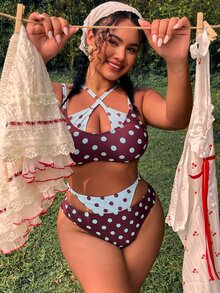 Swim Mod 2026 New Women's Spring/Summer Polka Dot Print Spaghetti Strap Plus Size Swimwear Set Gym - Multicolor - View 3