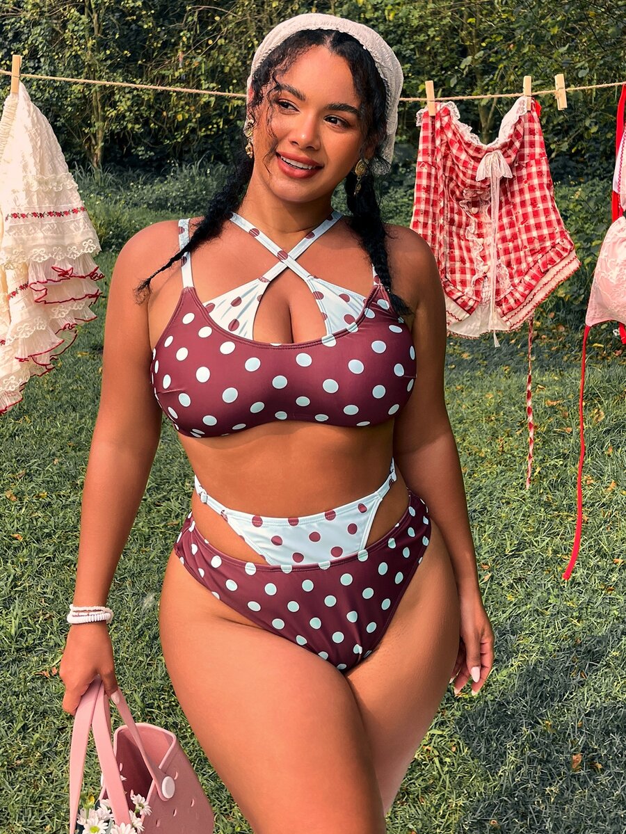 Swim Mod 2026 New Women's Spring/Summer Polka Dot Print Spaghetti Strap Plus Size Swimwear Set Gym - Multicolor - View 1