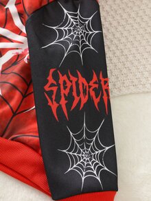 SHEIN Kids Young Boy Colorblock Spider Print Winter Autumn Hoodie & Sweatpants Set - Red - View 5