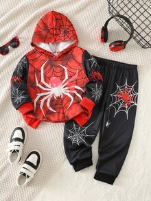 SHEIN Kids Young Boy Colorblock Spider Print Winter Autumn Hoodie & Sweatpants Set - Red - View 3