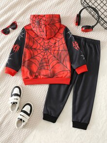 SHEIN Kids Young Boy Colorblock Spider Print Winter Autumn Hoodie & Sweatpants Set - Red - View 2