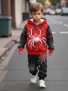 SHEIN Kids Young Boy Colorblock Spider Print Winter Autumn Hoodie & Sweatpants Set - Red - View 1