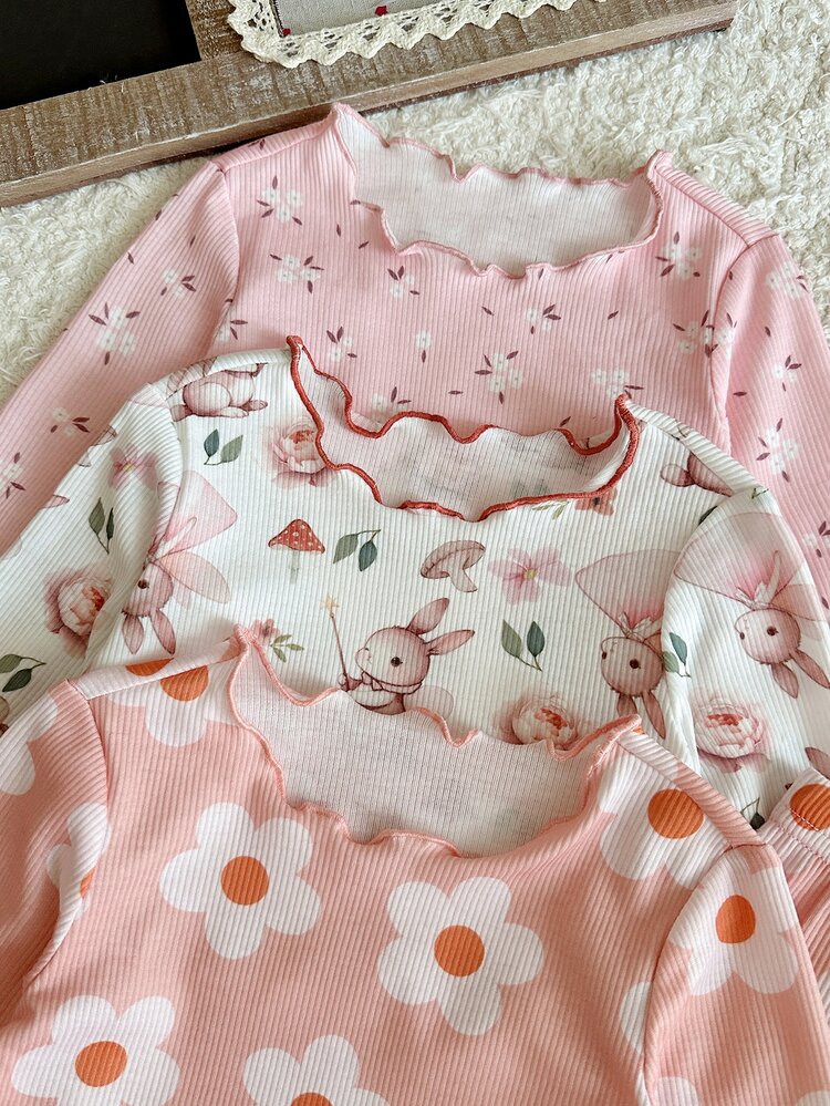 SHEIN Baby Girl Knitted Cute Rabbit Floral Pattern Ruffle Collar Casual T-Shirt And Long Pants Home Wear 6pcs -Piece Set,Fall - Multicolor - View 3