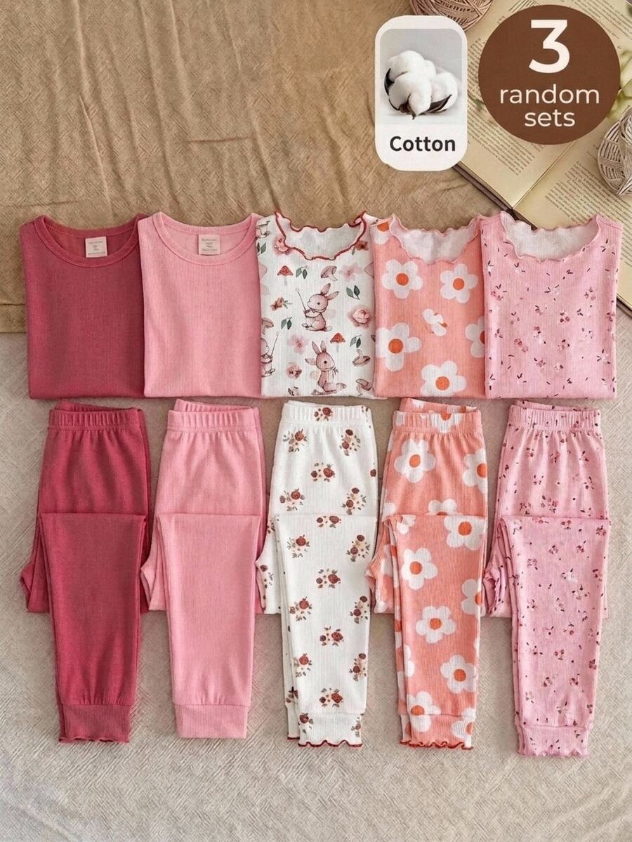 SHEIN Baby Girl Knitted Cute Rabbit Floral Pattern Ruffle Collar Casual T-Shirt And Long Pants Home Wear 6pcs -Piece Set,Fall - Multicolor - View 1