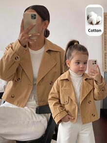 SHEIN Baby Girl Woven Lapel Collar Short Solid Color Lightweight Trench Coat,Suitable For Autumn And Winter - Khaki - View 1