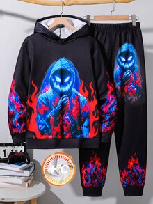 Kids 2pcs Teen Boys Casual Street Style Cartoon Print Glow-In Effect Hoodie And Sweatpants, Perfect For Autumn/Winter And Back-To-School Season - Black - View 5