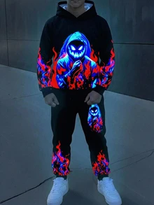 Kids 2pcs Teen Boys Casual Street Style Cartoon Print Glow-In Effect Hoodie And Sweatpants, Perfect For Autumn/Winter And Back-To-School Season - Black - View 3