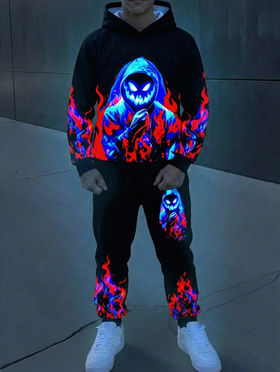 Kids 2pcs Teen Boys Casual Street Style Cartoon Print Glow-In Effect Hoodie And Sweatpants, Perfect For Autumn/Winter And Back-To-School Season