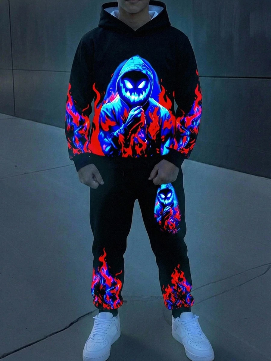 Kids 2pcs Teen Boys Casual Street Style Cartoon Print Glow-In Effect Hoodie And Sweatpants, Perfect For Autumn/Winter And Back-To-School Season