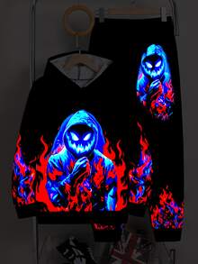Kids 2pcs Teen Boys Casual Street Style Cartoon Print Glow-In Effect Hoodie And Sweatpants, Perfect For Autumn/Winter And Back-To-School Season - Black - View 2