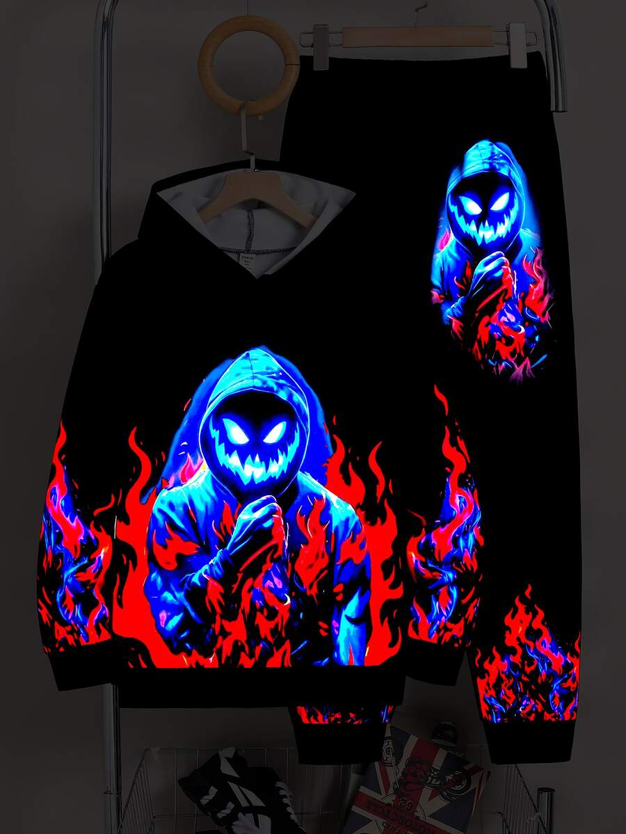 Kids 2pcs Teen Boys Casual Street Style Cartoon Print Glow-In Effect Hoodie And Sweatpants, Perfect For Autumn/Winter And Back-To-School Season