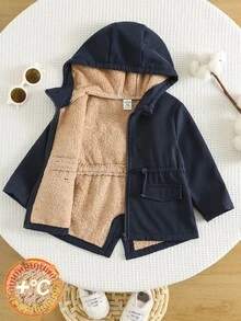 SHEIN 男嬰秋冬可愛休閒深藍色保暖內裡連帽外套，加厚嬰兒外套，秋冬外套，保暖內裡外套 - 彩色 - 查看 4
