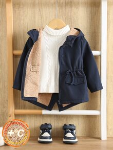 SHEIN 男嬰秋冬可愛休閒深藍色保暖內裡連帽外套，加厚嬰兒外套，秋冬外套，保暖內裡外套 - 彩色 - 查看 5