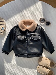 SHEIN 男嬰秋冬可愛百搭休閒黑色PU保暖內裡夾克 - 彩色 - 查看 4