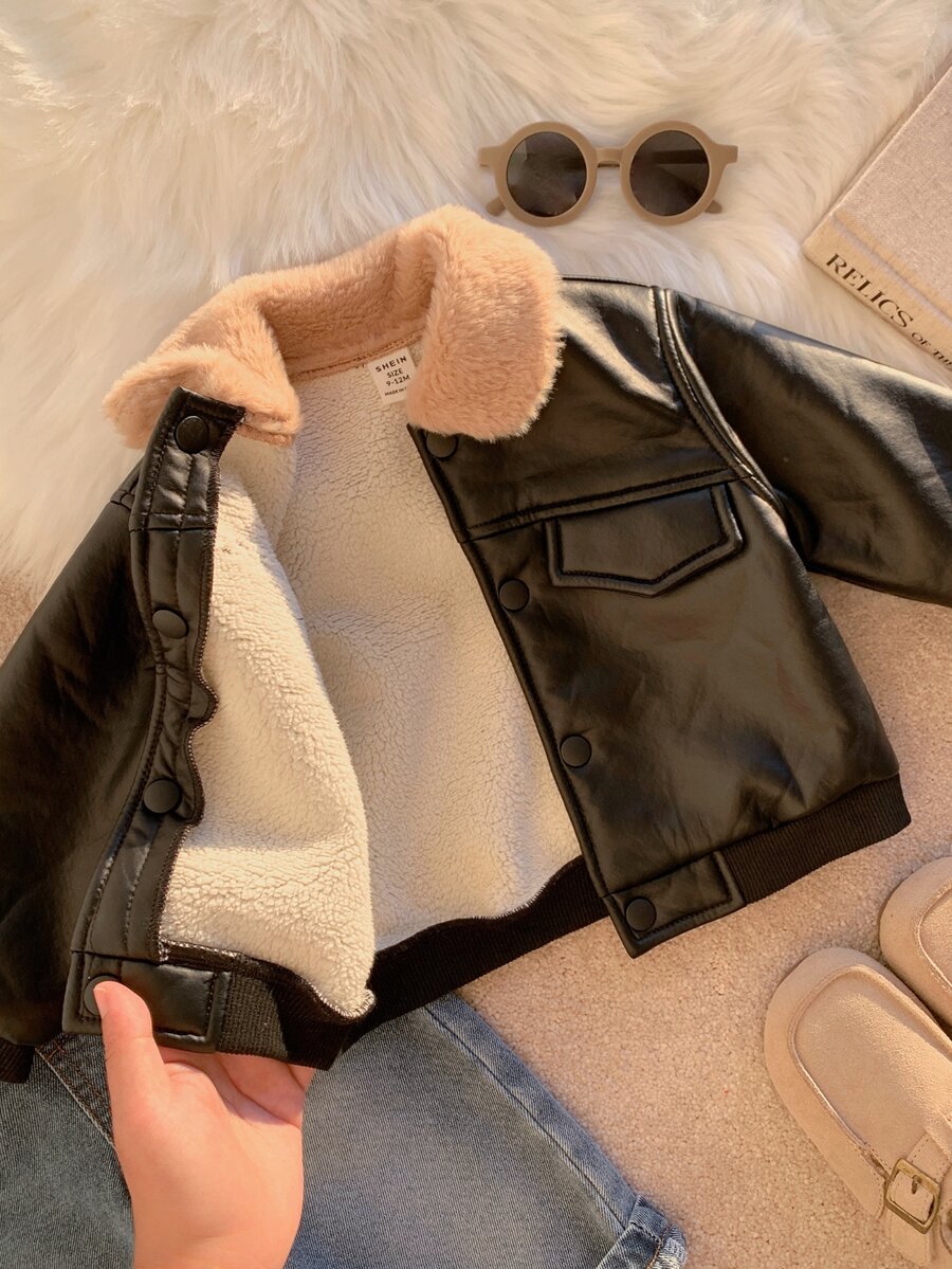 SHEIN 男嬰秋冬可愛百搭休閒黑色PU保暖內裡夾克 - 彩色 - 查看 1