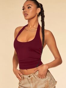 SHEIN BAE 女款酒紅色掛脖背心，優雅性感夏季時尚可愛短版上衣，適合夜店、海灘外罩、音樂祭，不對稱圖案 T-shirt - 酒紅色 - 查看 4